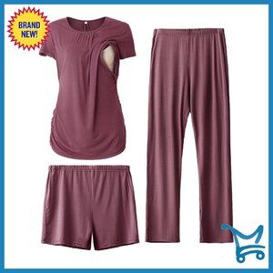 Maternity Nursing Pajama Set 3-Piece Short Sleeve Top Shorts Pants